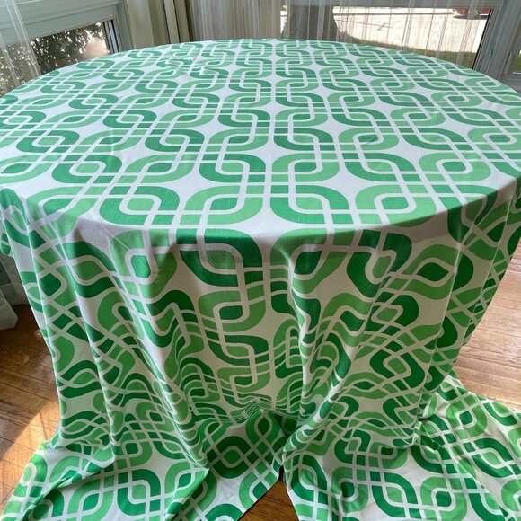 Vintage 70s flat sheet, green, white geometric full size up to queen size bed - Picture 3 of 10